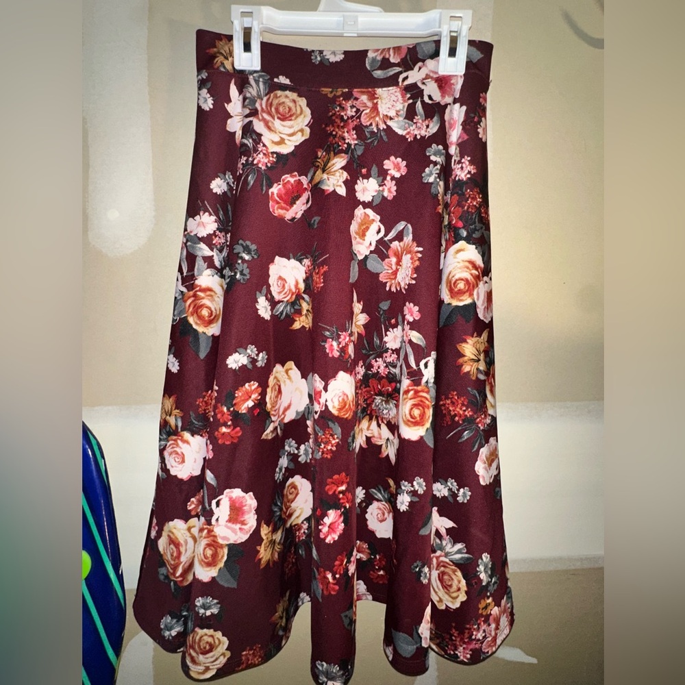 LARA Maroon Floral A-Line Skirt